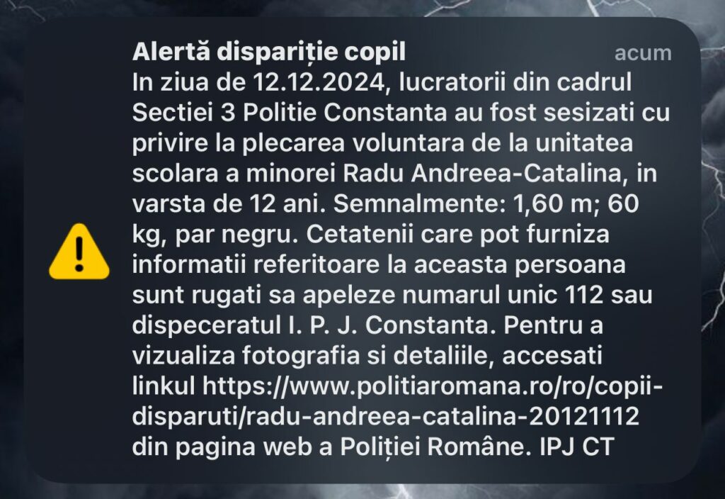 Minoră DISPĂRUTĂ de la școală. Dacă o vedeți, sunați la 112! UPDATE A fost găsită WhatsApp Image 2024 12 12 at 22.26.20