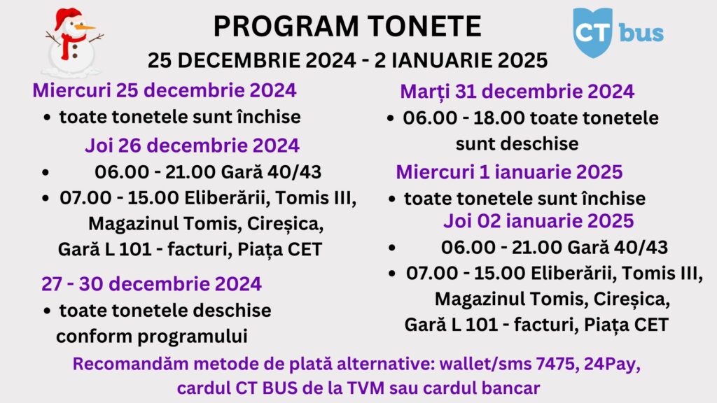 Programul tonetelor CT Bus în perioada sărbătorilor program tonete