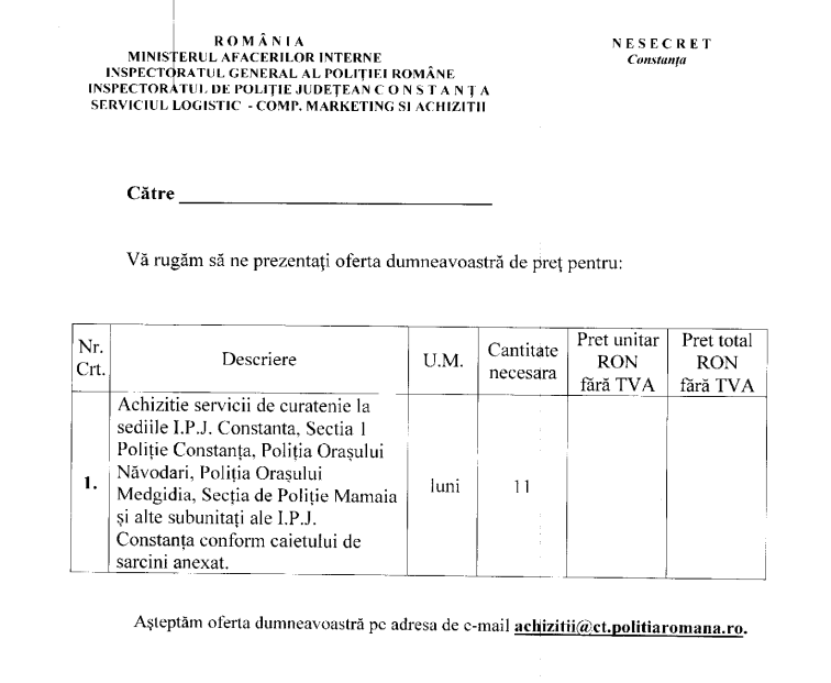 IPJ Constanța plătește peste 252.000 de lei pentru curățenia sediilor principale din oraș Capture