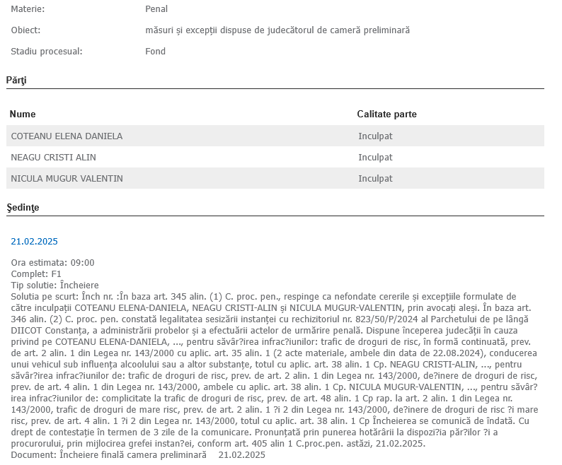 BREAKING Magistrații au dispus ca Dana Marijuana să fie judecată pentru trafic de droguri și conducerea sub influența alcoolului și a altor substanțe Screenshot 2025 02 21 at 14 15 12 Tribunalul CONSTANTA Informatii dosar