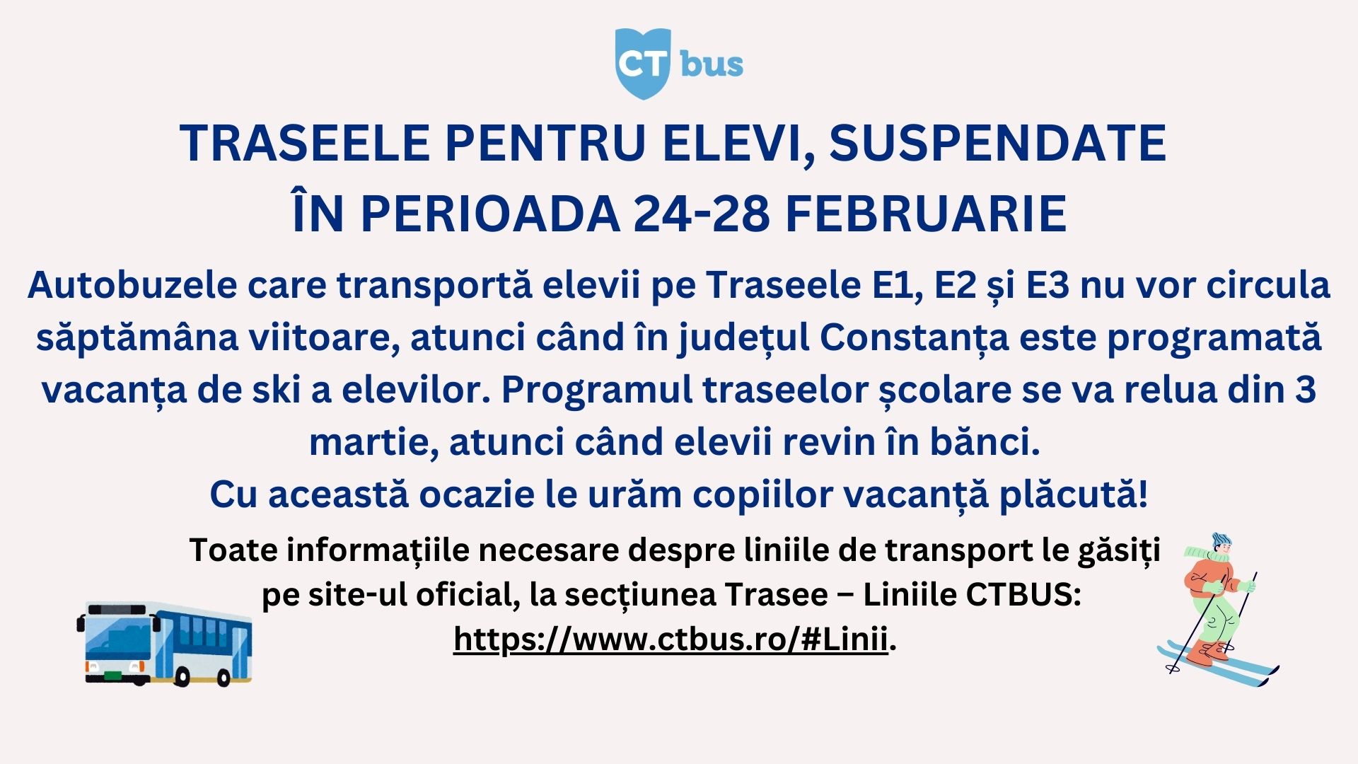 CT Bus: Traseele pentru elevi, suspendate în perioada 24-28 februarie suspendare curse elevi