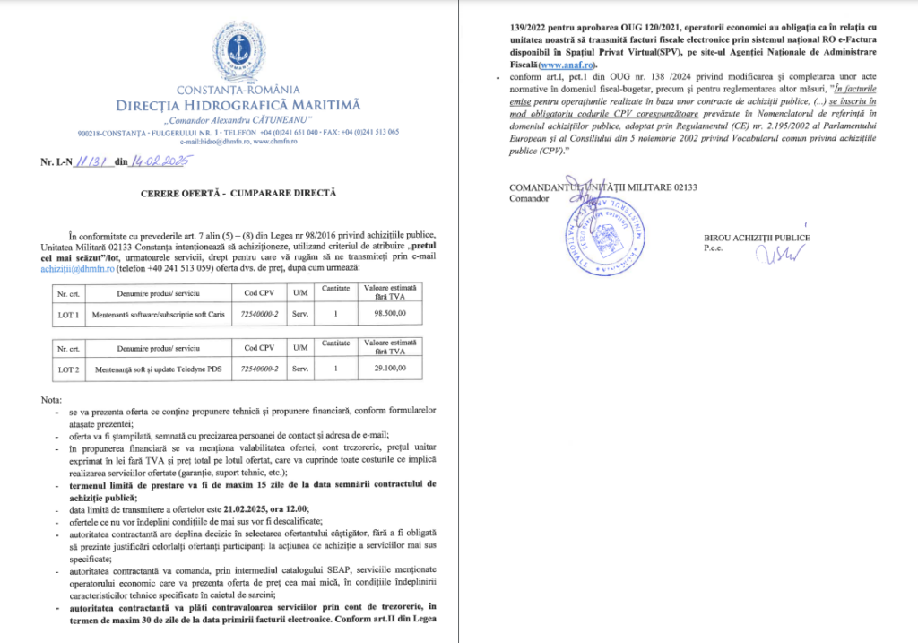 Direcția Hidrografică Maritimă oferă peste 25.000 de euro pentru mentenanța programelor informatice vv