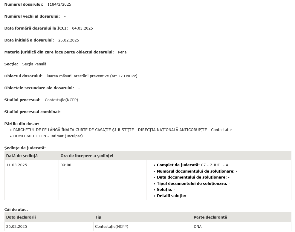 UPDATE ÎCCJ: termen pentru contestația DNA în dosarul lui Ion Dumitrache, acuzat de corupție în Portul Constanța Screenshot 2025 03 04 at 15 13 44 Detalii dosar Inalta Curte de Casatie si Justitie a Romaniei