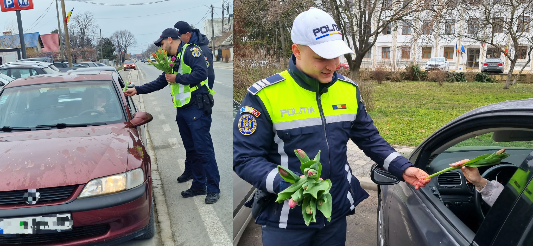 FOTO VIDEO Flori și zâmbete de 1 Martie, pentru participantele la trafic, oferite de polițiștii rutieri din Constanța flori 1 martie politisti constanta