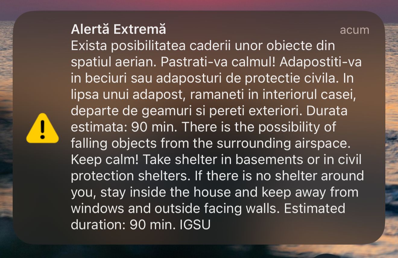 Mesaj RO-ALERT în județul Tulcea: Posibile obiecte căzute din spațiul aerian 8ed30830 52ec 4838 b10a 372b64d81c9d
