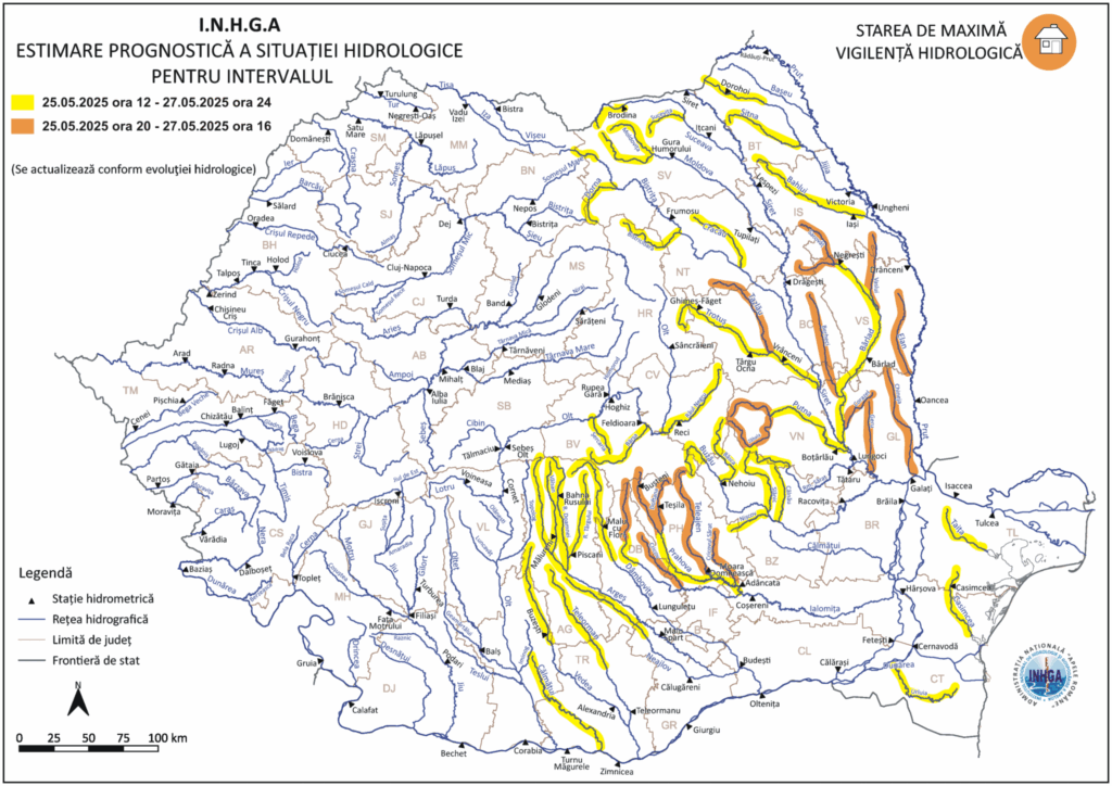 Cod galben și portocaliu de viituri pe râuri din Dobrogea și mai multe regiuni 2 Cod galben și portocaliu de viituri pe râuri din Dobrogea și mai multe regiuni Harta Avertizare hidrologica nr. 25 din 25.05.2025 2048x1448 1