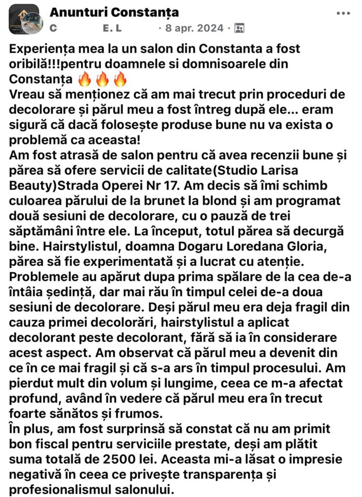 Furturi și reclamații la un salon de înfrumusețare din Constanța: O angajată, acuzată că își „lipsește” clientele de bijuterii 6 Furturi și reclamații la un salon de înfrumusețare din Constanța: O angajată, acuzată că își „lipsește” clientele de bijuterii Imagine WhatsApp 2025 05 23 la 15.21.03 af74d5a6