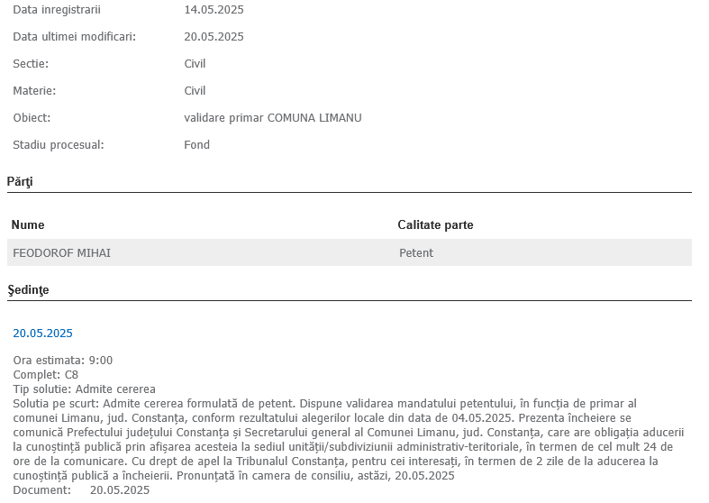 Judecătoria Mangalia a validat mandatul lui Mihai Feodorof 2 Judecătoria Mangalia a validat mandatul lui Mihai Feodorof Screenshot 2025 05 20 at 16 43 04 Judecatoria MANGALIA Informatii dosar