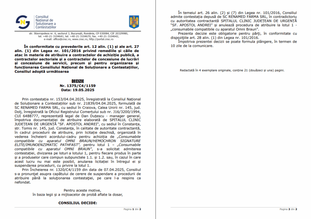 O firmă farmaceutică din Craiova a reușit să anuleze atribuirea contractului pentru produse de dializă destinate Spitalului Județean Constanța 2 O firmă farmaceutică din Craiova a reușit să anuleze atribuirea contractului pentru produse de dializă destinate Spitalului Județean Constanța jhnuj
