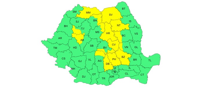 Cod galben de ploi torențiale, descărcări electrice și vânt puternic în mai multe județe din țară / HARTA 2 Cod galben de ploi torențiale, descărcări electrice și vânt puternic în mai multe județe din țară / HARTA 62548381