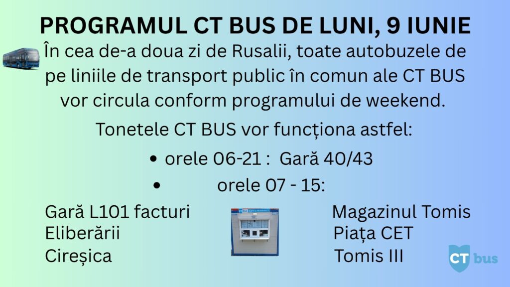 Program special al autobuzelor CT Bus de Rusalii și de Ziua Învățătorului 2 Program special al autobuzelor CT Bus de Rusalii și de Ziua Învățătorului program rusalii