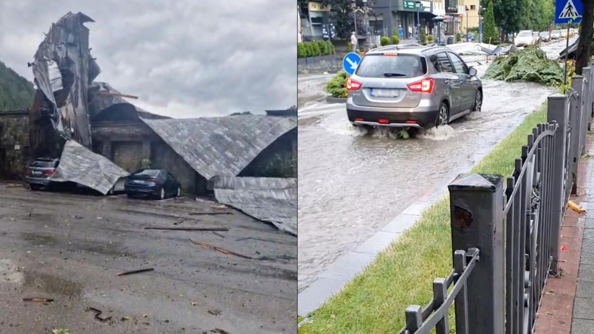 Cel puțin 11 răniți după ce acoperișul gării din Sinaia a fost smuls de vijelie și aruncat peste DN1 IMG 0329