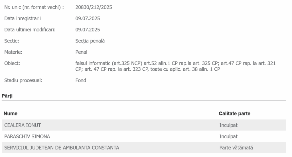 Fostul manager al Serviciului de Ambulanță Constanța, Ionuț Cealera, trimis în judecată pentru fals informatic 2 Fostul manager al Serviciului de Ambulanță Constanța, Ionuț Cealera, trimis în judecată pentru fals informatic Screenshot 2025 07 11 at 17 17 35 Judecatoria CONSTANTA Informatii dosar