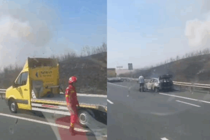 VIDEO O mașină a luat foc pe Autostrada A2 / Incendiul s-a extins la vegetația uscată din zonă UPDATE Untitled design35