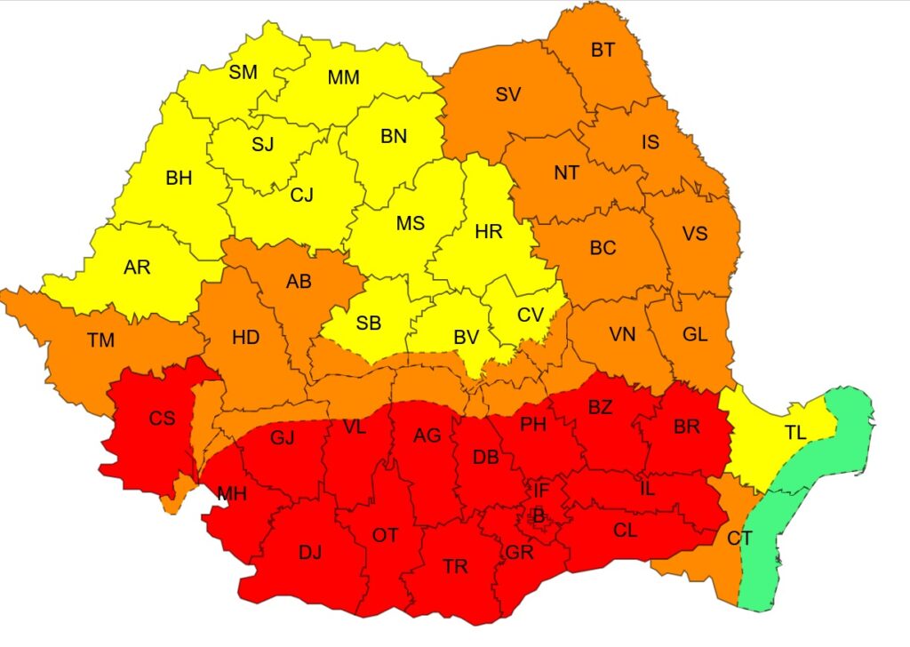 Cod roșu de caniculă în 15 județe și București/ Cod portocaliu la Constanța: val de căldură intens și nopți tropicale HARTA 2 Cod roșu de caniculă în 15 județe și București/ Cod portocaliu la Constanța: val de căldură intens și nopți tropicale HARTA canicula