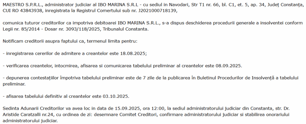 Ibo Marina SRL, firmă controlată de o parteneră de afaceri a unui fost comisar al Gărzii Financiare condamnat, a intrat în insolvență 2 Ibo Marina SRL, firmă controlată de o parteneră de afaceri a unui fost comisar al Gărzii Financiare condamnat, a intrat în insolvență dd 8