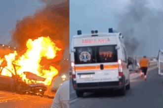 FOTO VIDEO Mașină intrată în pod și cuprinsă de foc în Constanța/ O victimă a ieșit singură din autoturism și a fost dusă la spital UPDATE foc masina pod de butelii