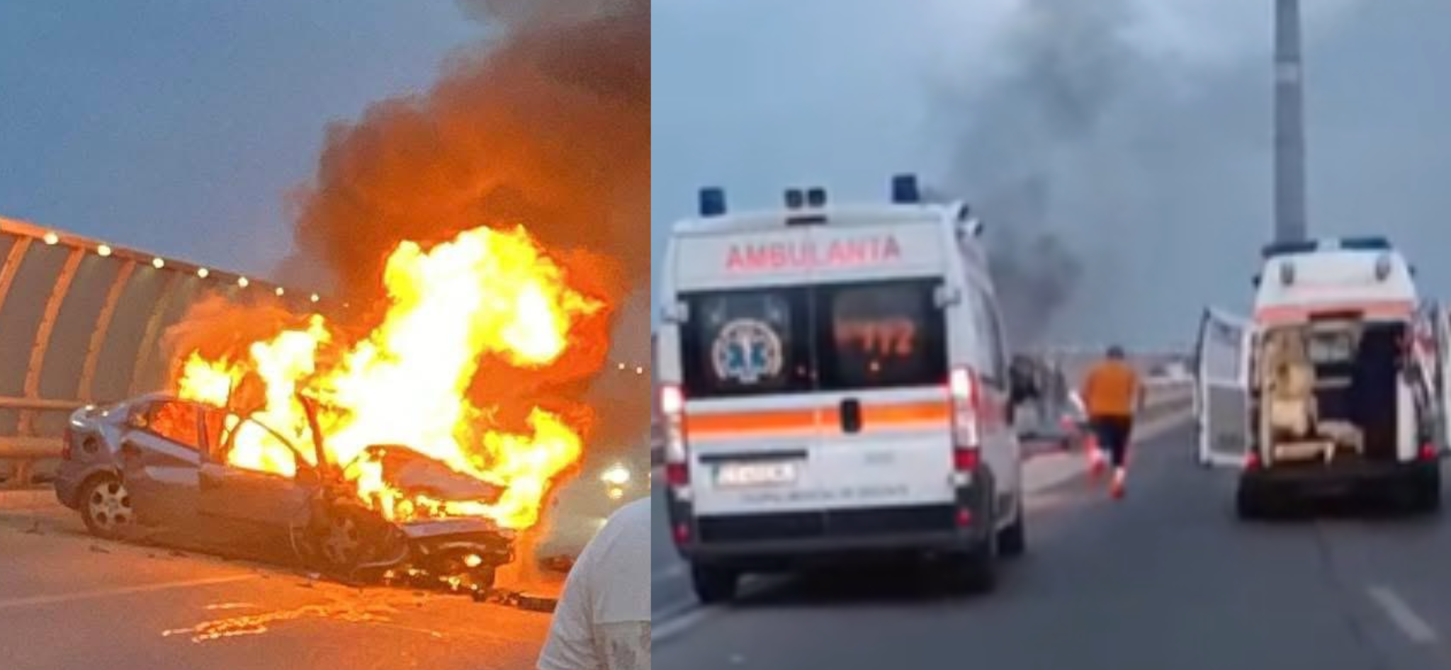 FOTO VIDEO Mașină intrată în pod și cuprinsă de foc în Constanța/ O victimă a ieșit singură din autoturism și a fost dusă la spital UPDATE foc masina pod de butelii